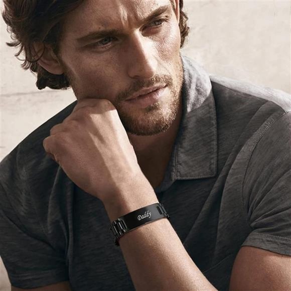 Masculine Daddy Watch Band Stainless Steel Link Bracelet Personalized Engraved - Picture 2 of 5